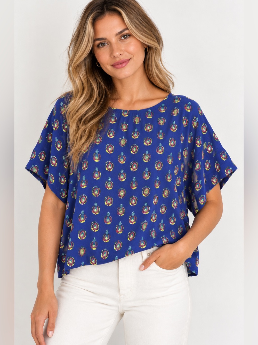Anthropologie Maeve Blue Pineapple Print Boxy Blouse Size Small